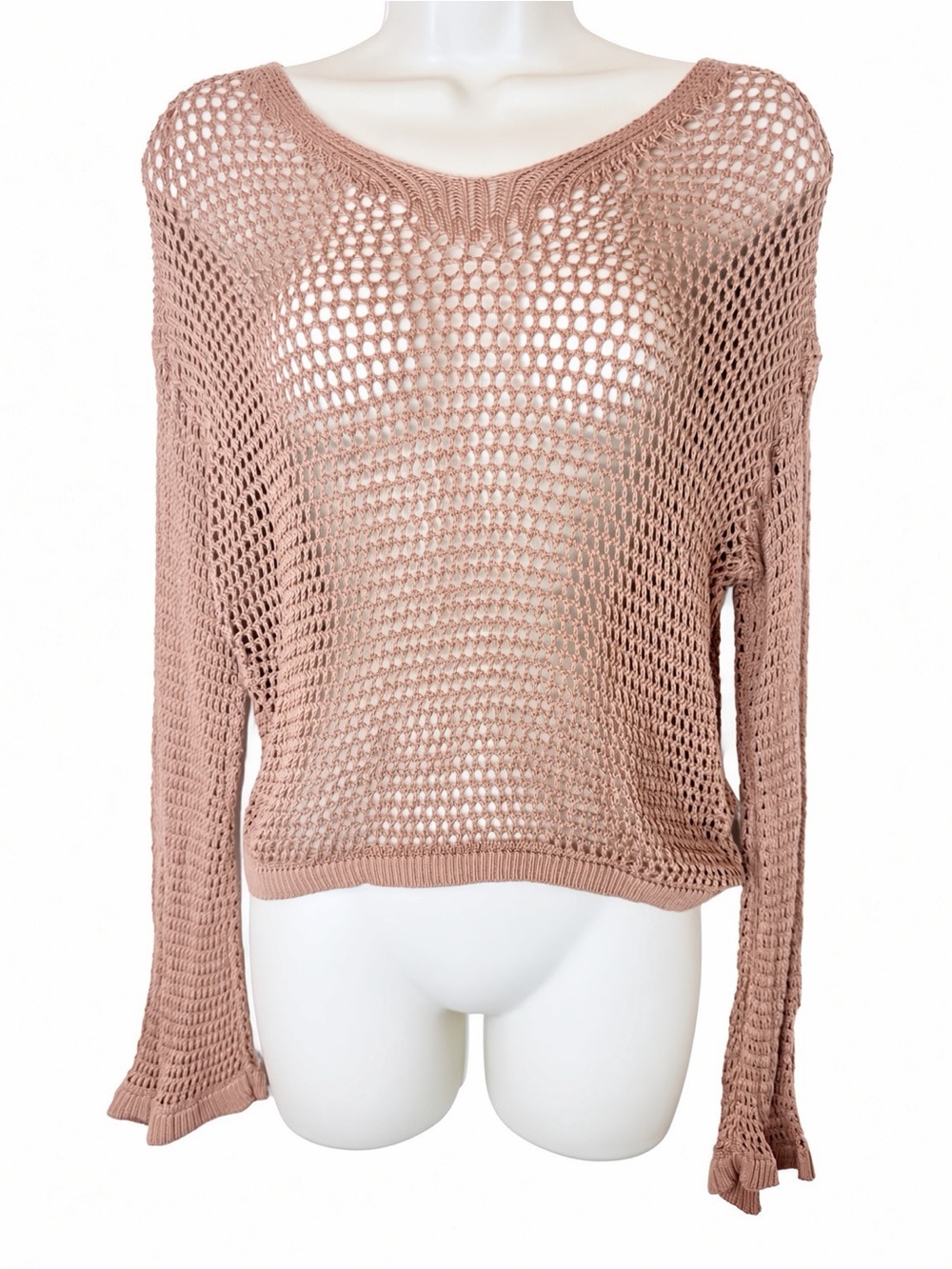 Happily Grey Open Knit Sweater Dusty Rose Mesh Crochet Size L Long Sleeve